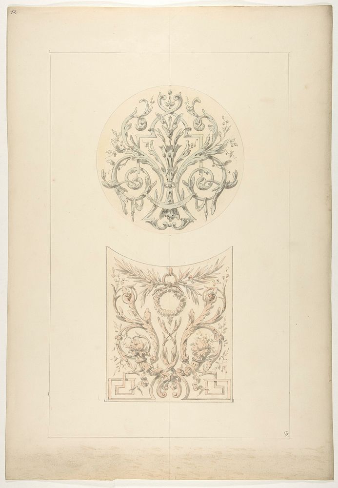 Two designs for decorative motifs featuring cornucopia and rinceaux by Jules Edmond Charles Lachaise and Eugène Pierre…