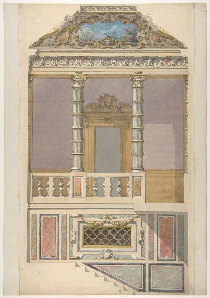 Elevation of an Italianate interior, including steps and an upper  loggia decorated in composite columns by Jules-Edmond…
