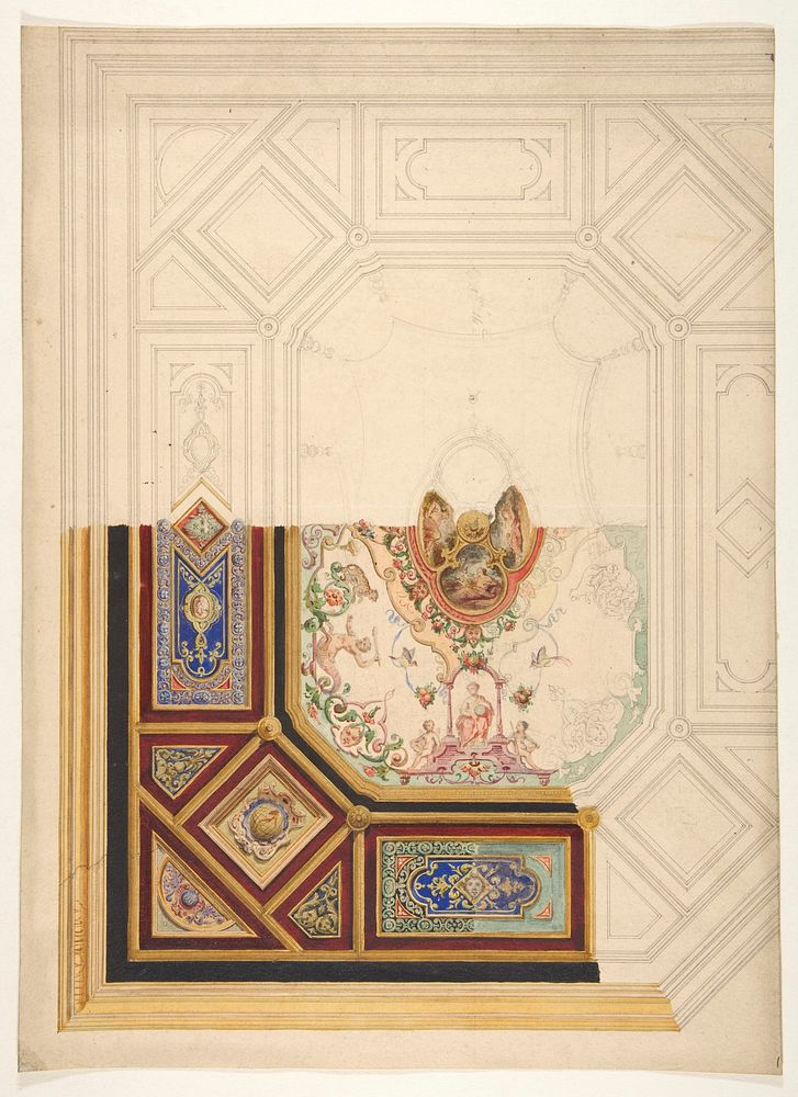 Design for a paneled ceiling to be painted in grotesque motifs by Jules-Edmond-Charles Lachaise and Eugène-Pierre Gourdet