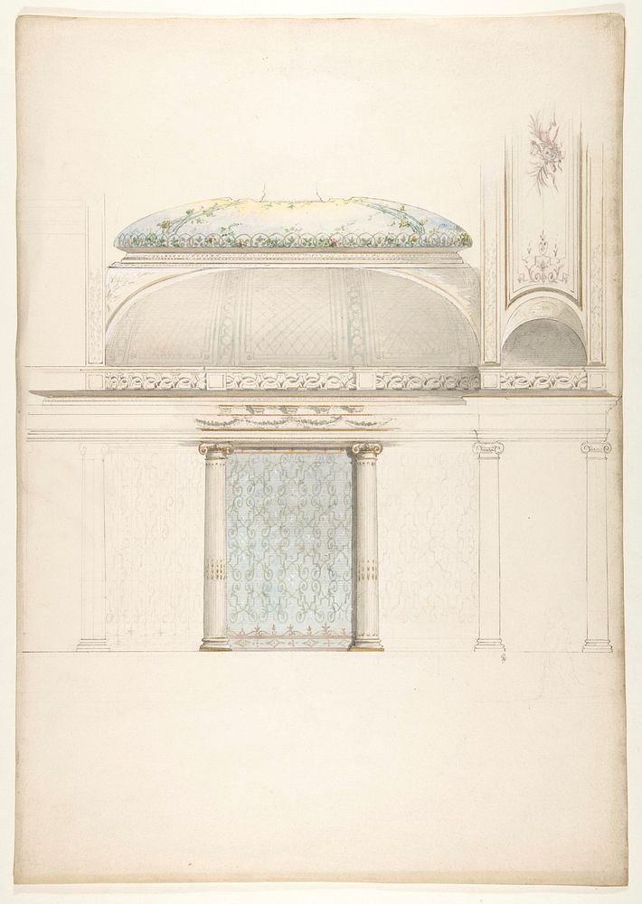 Elevation and transverse section of a domed and colonnaded hall by Jules-Edmond-Charles Lachaise and Eugène-Pierre Gourdet