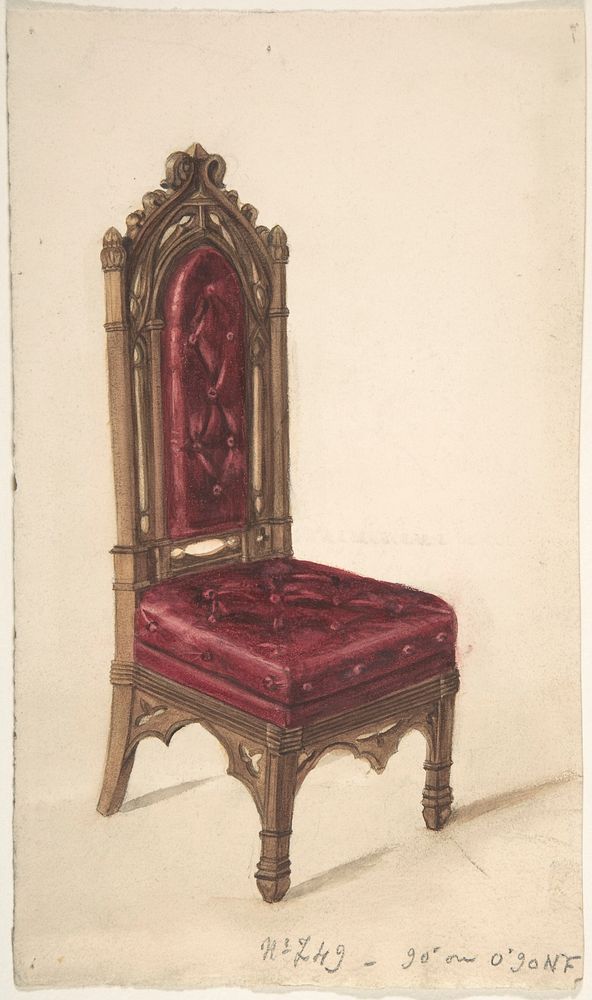 Gothic Style Chair with Dark Wood Frame and Maroon Upholstery