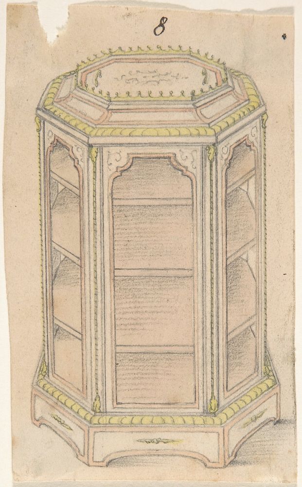 Design for an Octagonal Cabinet with Glass Doors and Shelves, Anonymous, British, 19th century