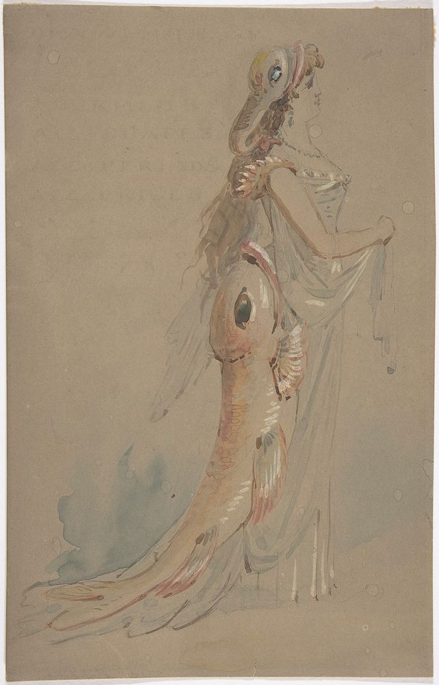 Woman Wearing a Costume Whose Bustle and Headdress are the Shape of Fishes, Anonymous, British, 19th century