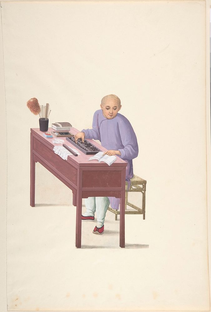 Chinese Man at Desk with an Abbacus
