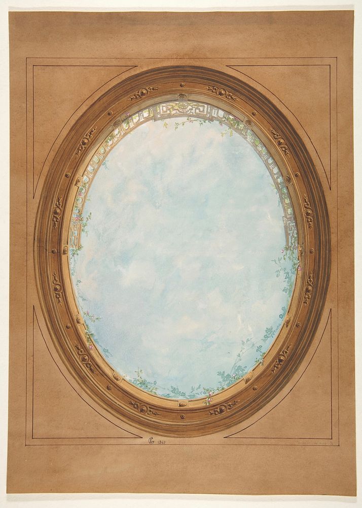 Design for a ceiling with trompe l'oeil balustrade and sky by Jules Lachaise and Eugène Pierre Gourdet