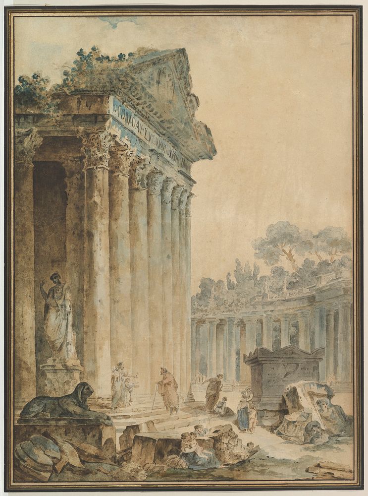 Capriccio with an Ancient Temple by Hubert Robert