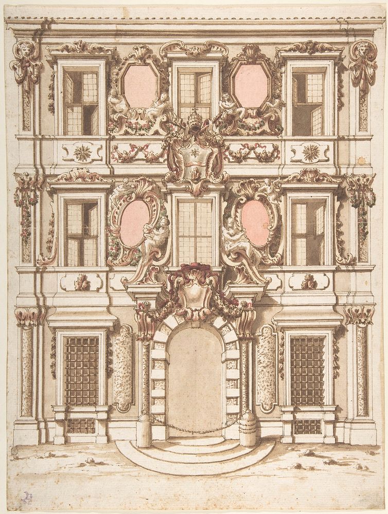 Design for the Facade of a Palace with the Coat of Arms of Pope Clement IX, Anonymous, Italian, Bolognese 18th century artist