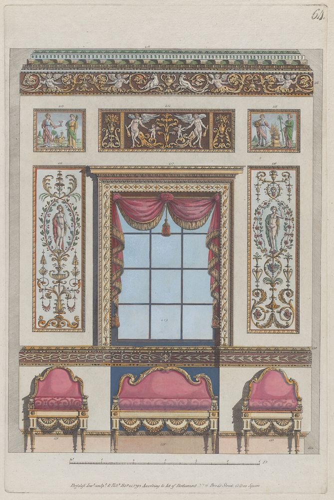 Interior Ornamented Wall with Window and Furniture, nos. 411–424 ("Designs for Various Ornaments," pl. 64)