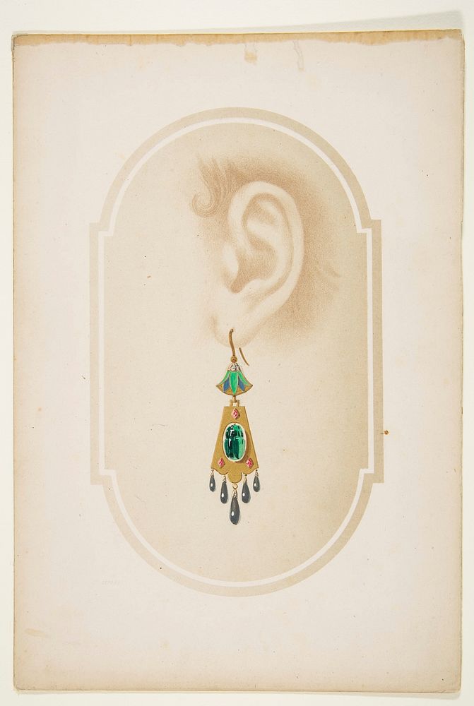 Design for an earring with a green scarab