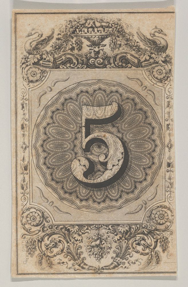 Banknote motif: the number 5 set against a scallop-edged circle of ornamental lathe work, within a rectangle with cut off…