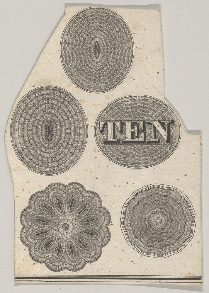Banknote motif: Five oval or circular ornamental lathe work designs, one containing the word TEN
