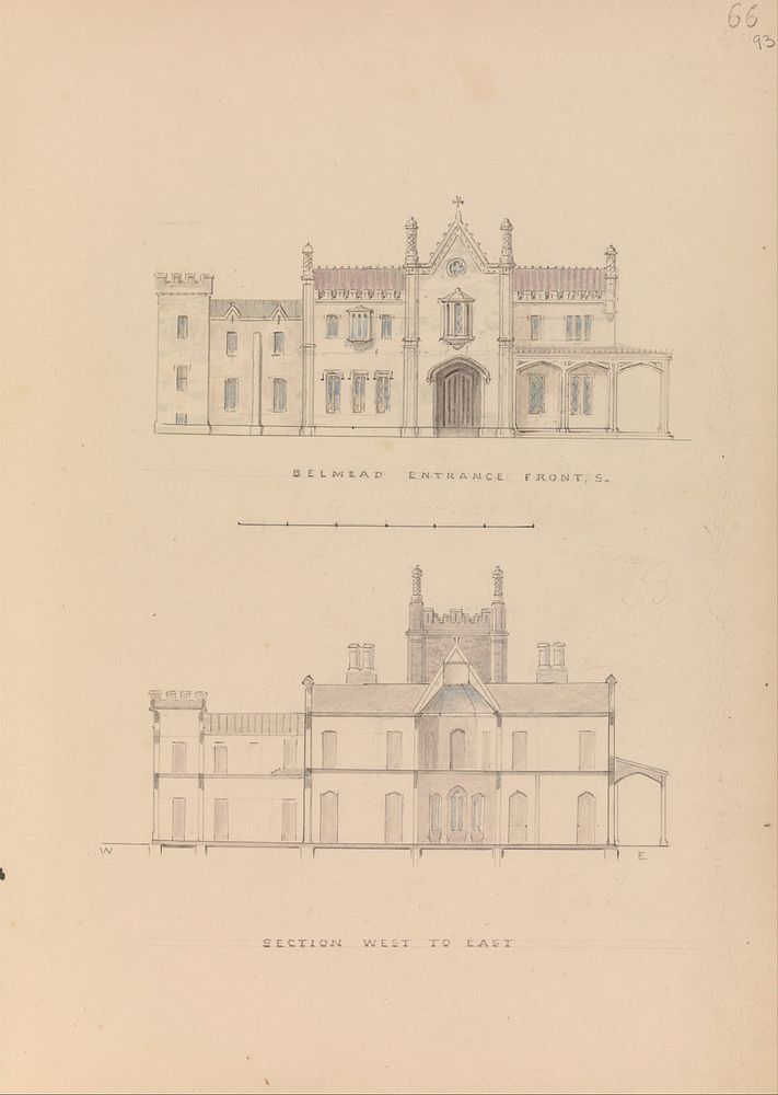 "Belmead", James River, Virginia: Entrance façade and west-east section (recto); North-south section and upper floorplan…