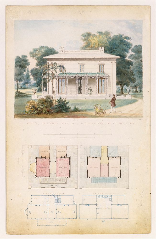 Villa for David Codwise, near New Rochelle, NY (project; elevation and four plans)  by Alexander Jackson Davis