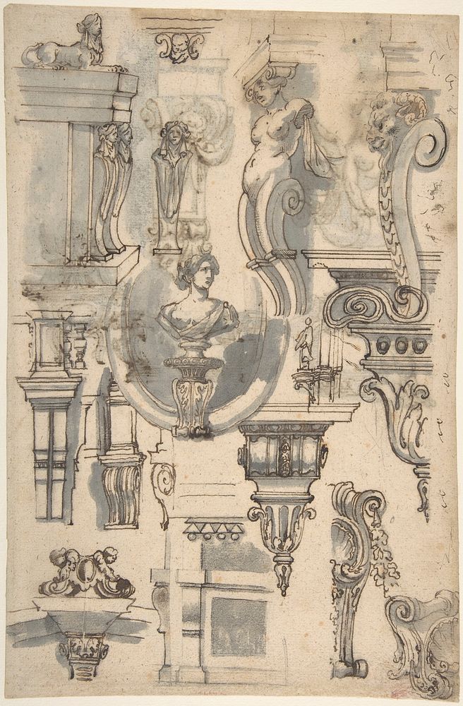 Brackets, Caryatids and other Architectural Details (recto and verso), attributed to Gilles-Marie Oppenord