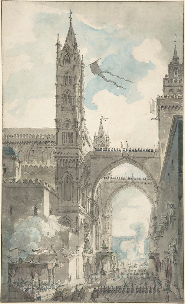 View of the Portal and Principal Entrance of the Cathedral of Palermo during the Festival of Sta. Rosalia by Louis Jean…