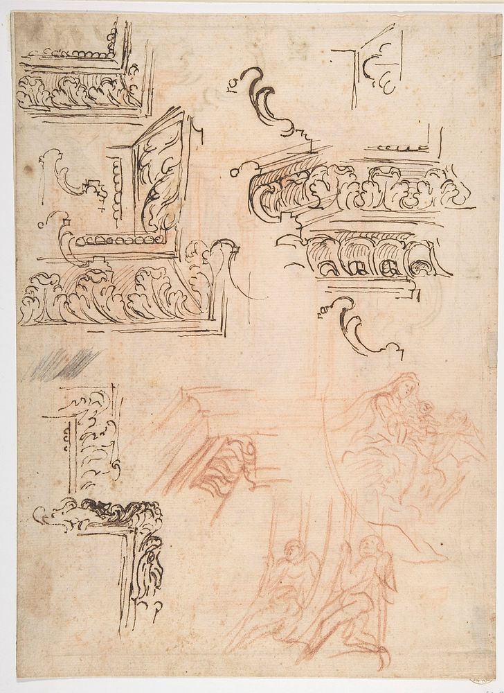 Studies of Architectural Moldings, of the Virgin and Child with a Kneeling Saint, and of Two Angels Supporting Frames…
