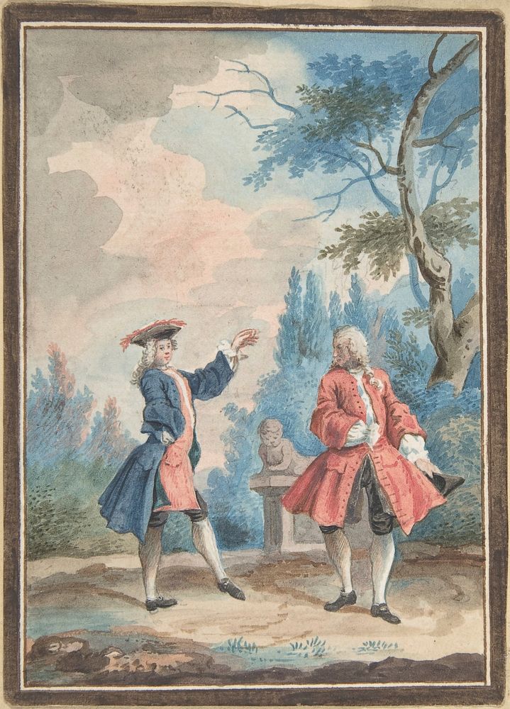 Two dancing male figures in a landscape, Anonymous, French, 18th century