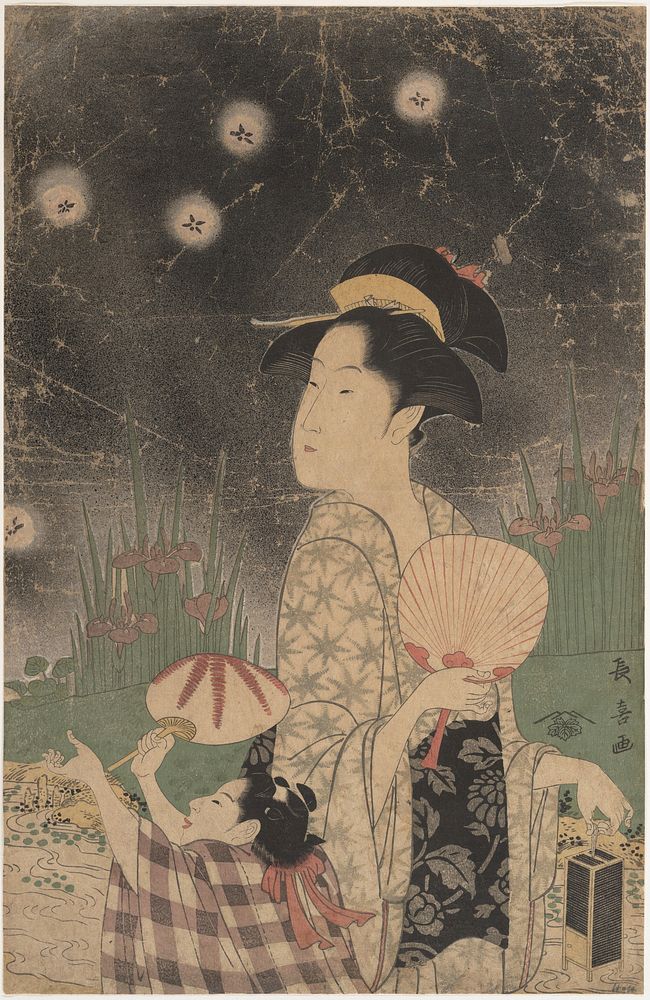 Woman and Child Catching Fireflies by Eishōsai Chōki