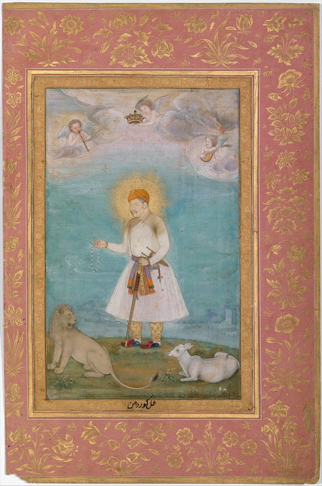 "Akbar With Lion and Calf", Folio from the Shah Jahan Album, painting by Govardhan