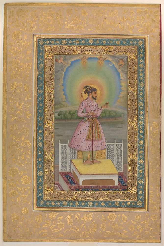 Shah Jahan on a Terrace, Holding a Pendant Set With His Portrait", Folio from the Shah Jahan Album