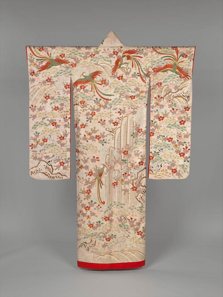 Over Robe (Uchikake) with Long-Tailed Birds in a Landscape