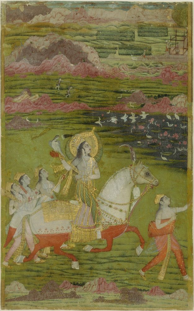 Chand Bibi Hawking with Attendants in a Landscape, attributed to India, Deccan (ca. 1700)