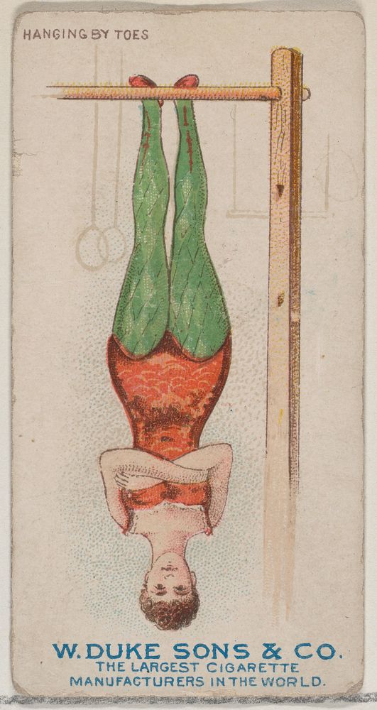 Hanging by Toes, from the Gymnastic Exercises series (N77) for Duke brand cigarettes issued by W. Duke, Sons & Co.