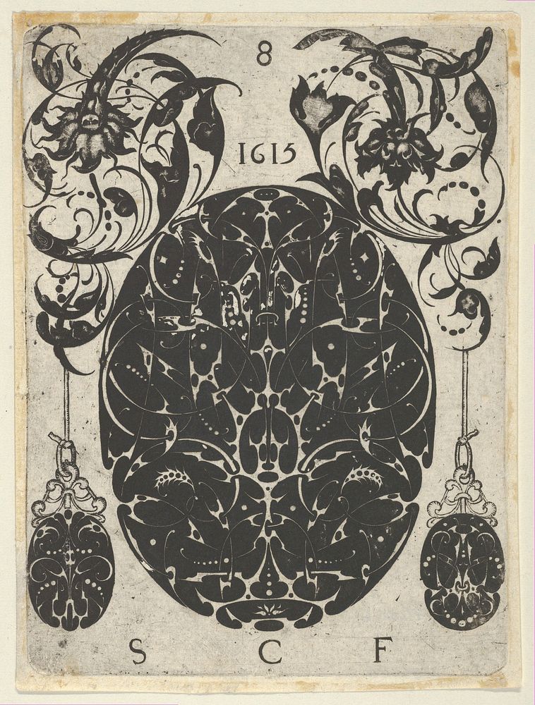 Blackwork Print with an Oval at Center Flanked by Pendants Hanging from Foliate Scrolls, from a Series of Blackwork Prints…
