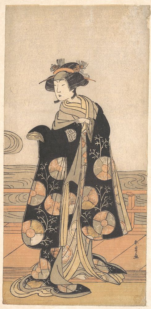 Yoshizawa Iroha as a Woman Standing on the Engawa of a House by a River by Katsukawa Shunshō