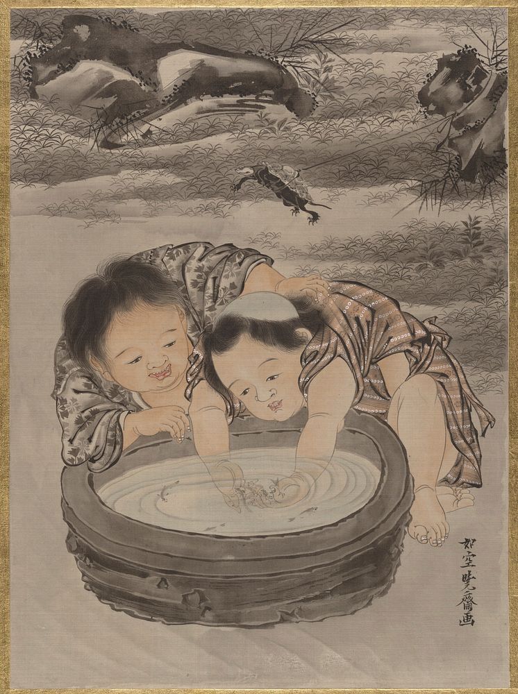 Two Children Playing with Goldfish by Kawanabe Kyosai