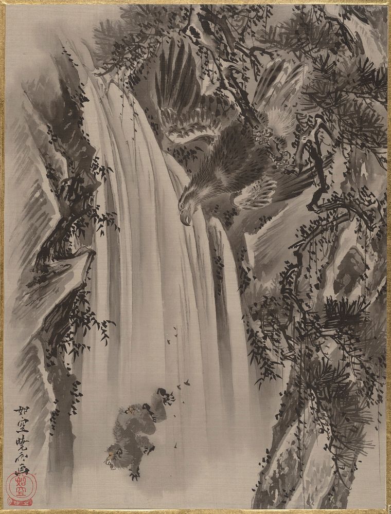 Waterfall, Eagle and Monkey by Wanabe Kyosai