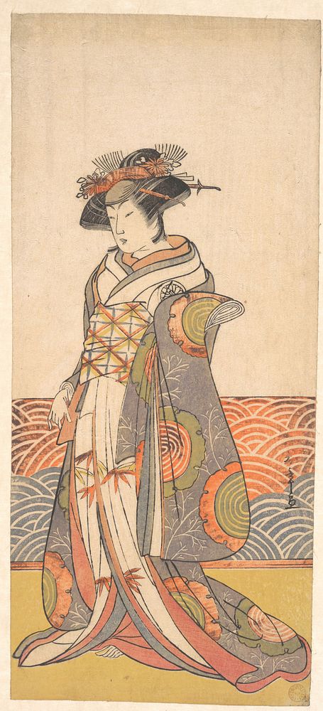 The Third Segawa Kikunojo as a Woman Standing in a Room Having a Wave-pattern Dado