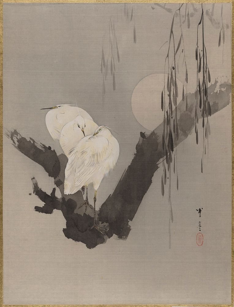 Egrets in a Tree at Night by Watanabe Seitei