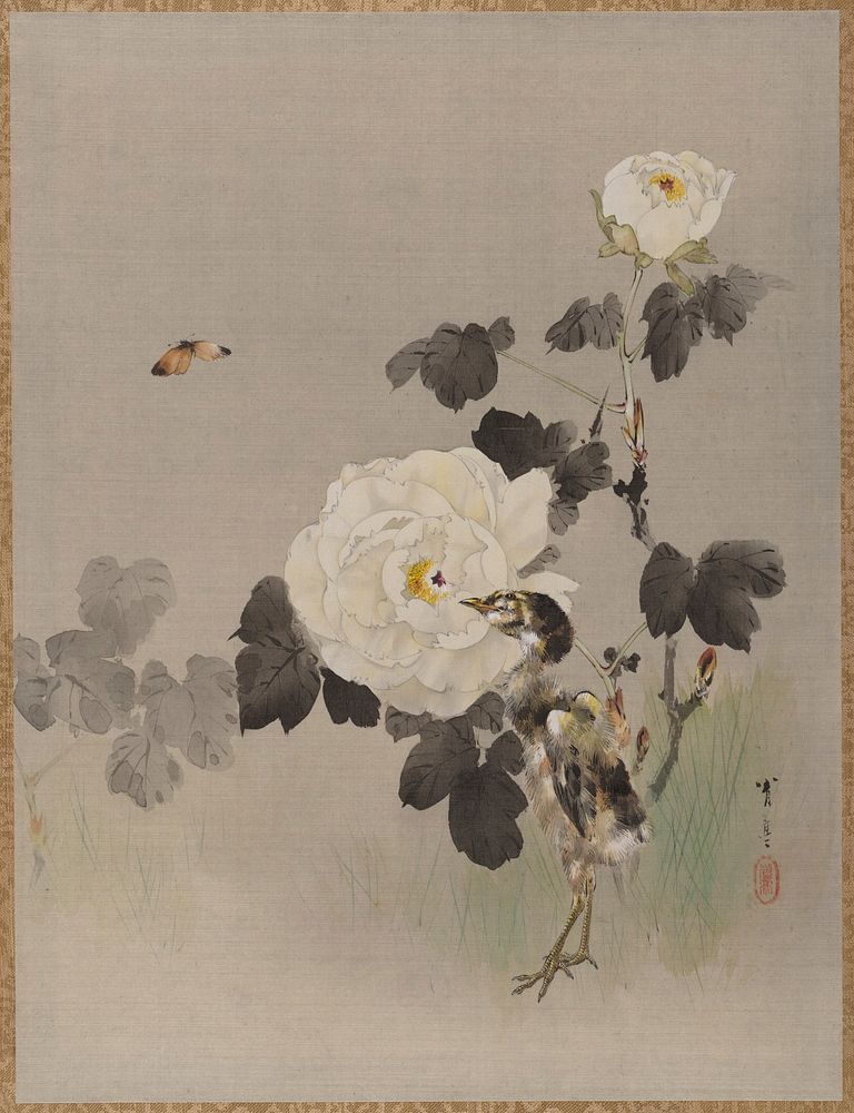 Roses, Young Bird and a Butterfly by Watanabe Seitei