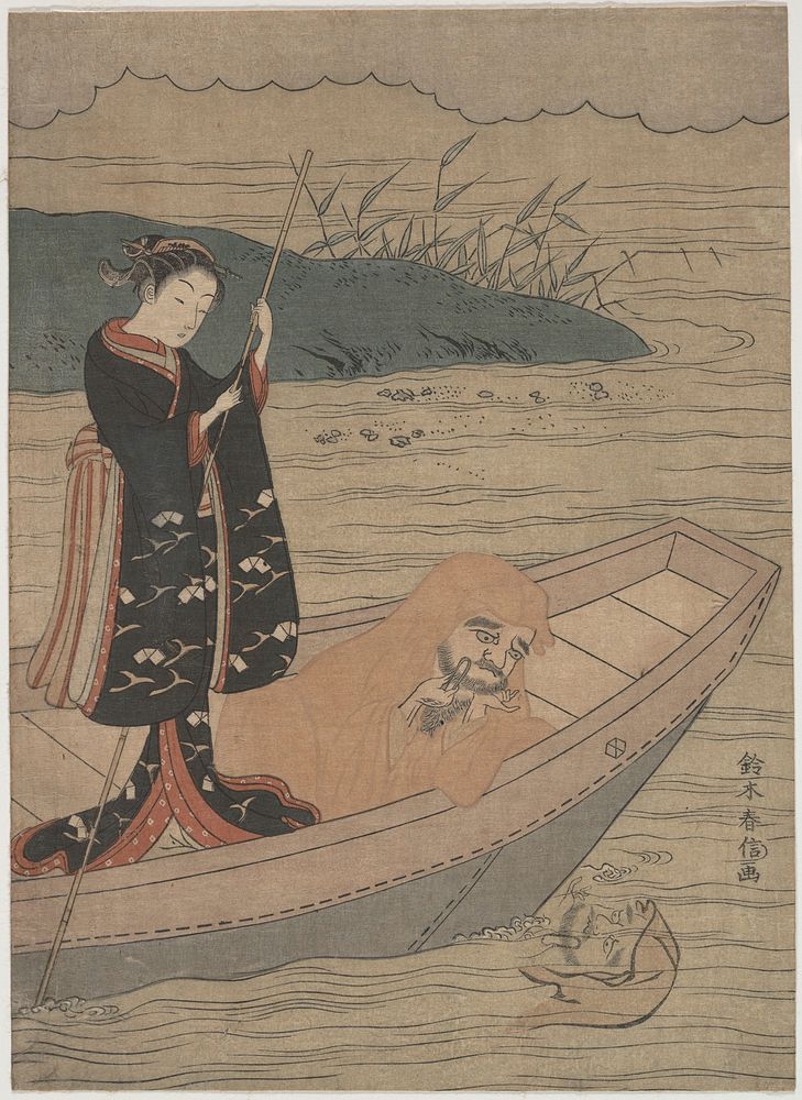 Daruma in a Boat with an Attendant by Suzuki Harunobu