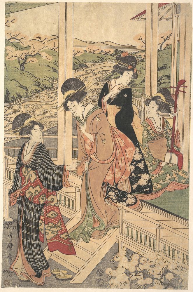 Group of Women on the Engawa of a Country House, in the time of the Cherry Blossoming by Utamaro II