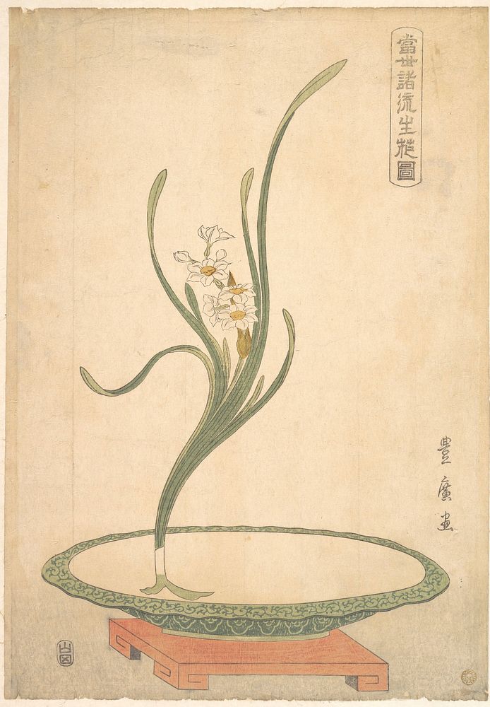 Flower Arrangement of Suisen (Narcissus) in a Flat Green Dish