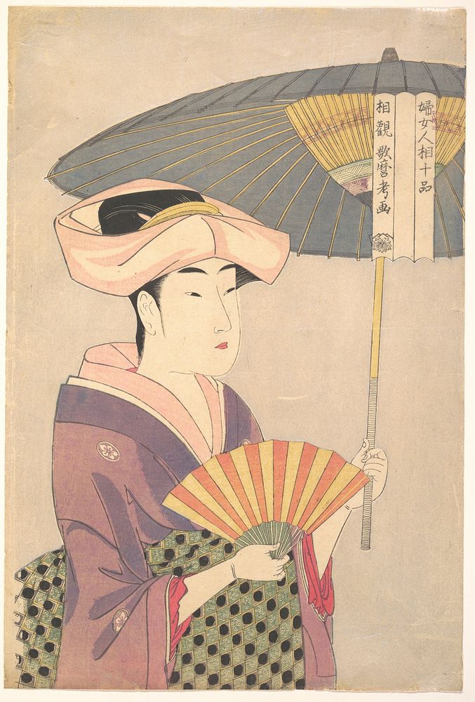 “Woman Holding Up a Parasol” from the series Ten Classes of Women’s Physiognomy (Fujo ninsō juppen: Higasa o sasu onna) by…