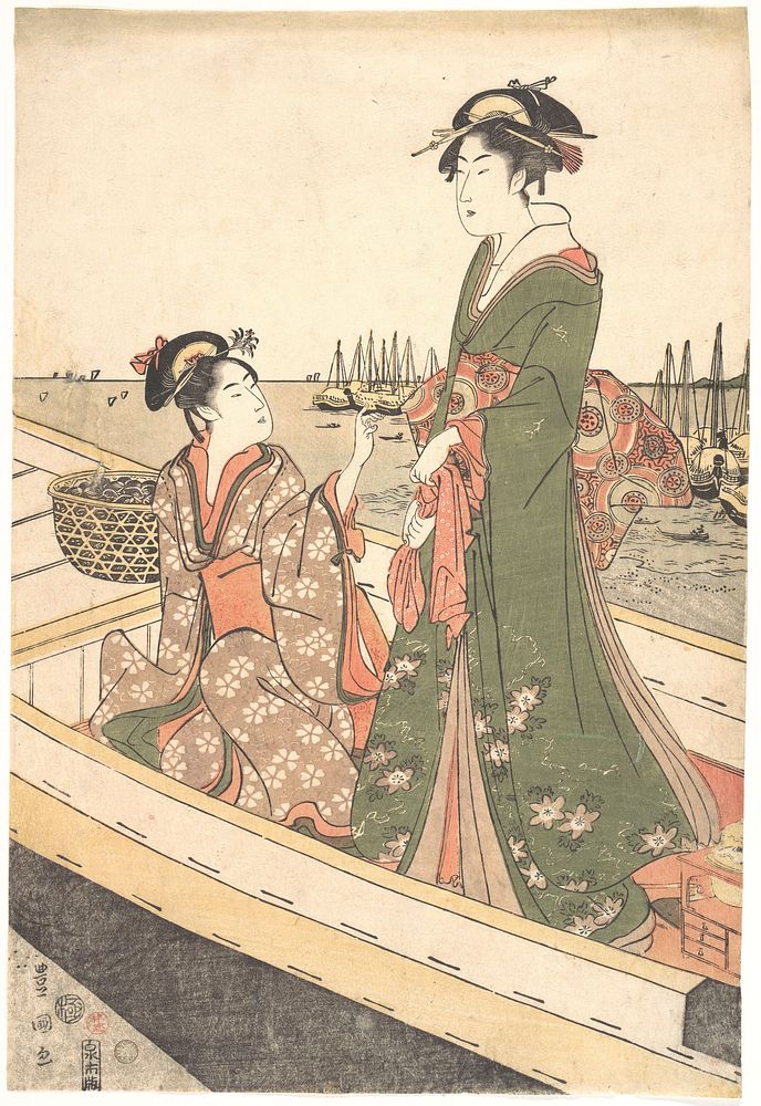 Two Women in a Boat; One  Holding a Basket of Mussels by Utagawa Toyokuni