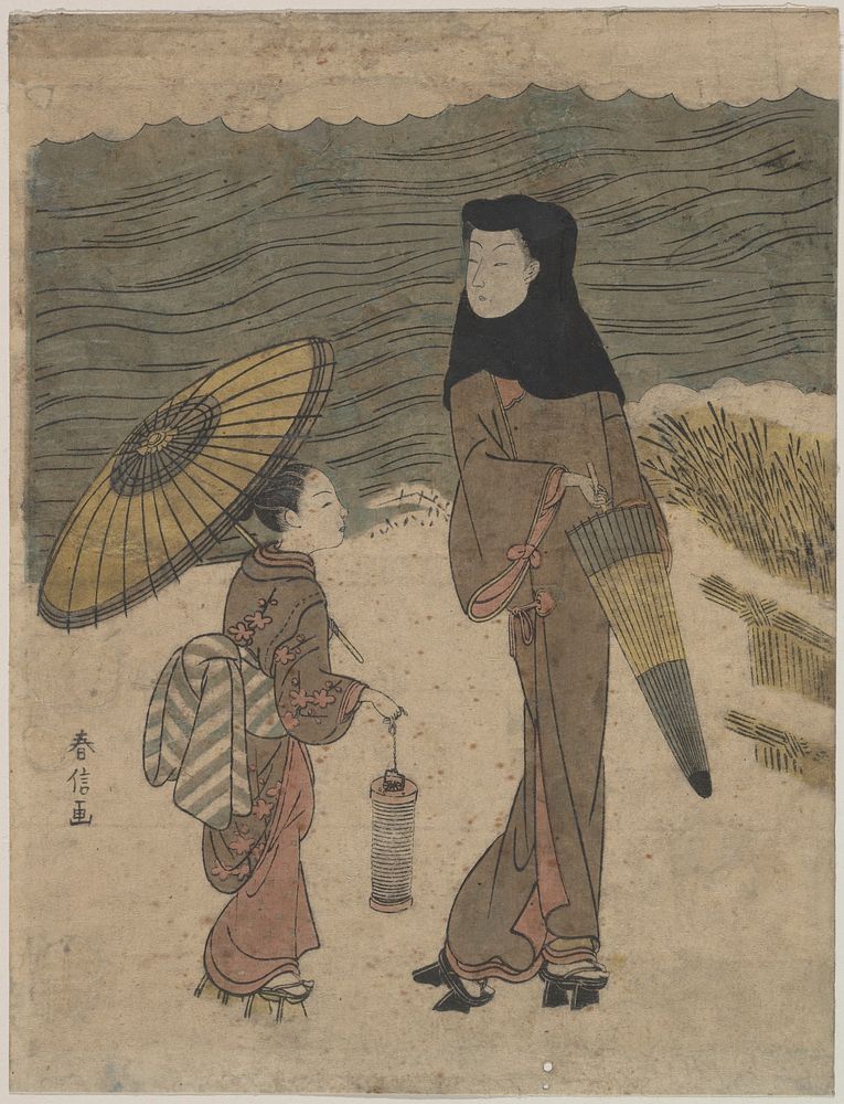 Lady with Black Hood and Umbrella Out Walking with Young Attendant by Suzuki Harunobu