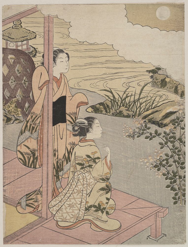 Two Girls on a Veranda beside a Stream with the Moon by Suzuki Harunobu