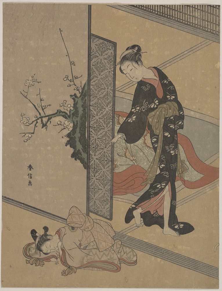 Young Lady Looking through Door at Her Kamuro (Little Servant) who is Asleep on the Floor by Suzuki Harunobu