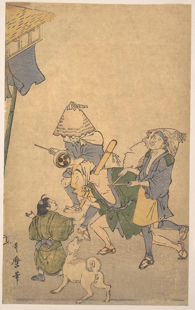 Three Revelers of the Lower Classes, Wearing Komuso Hats, with Small Boy and Dog by Utamaro Kitagawa (1754–1806)