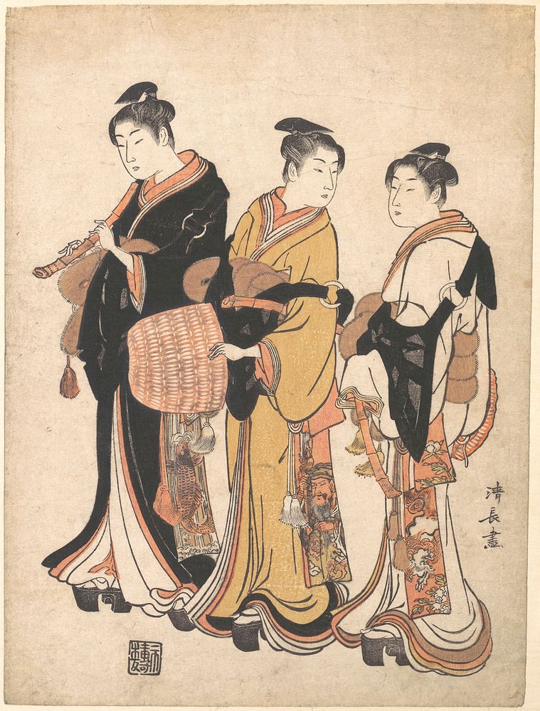 Three Young Women Masquerading as Komuso (Strolling Minstrel)