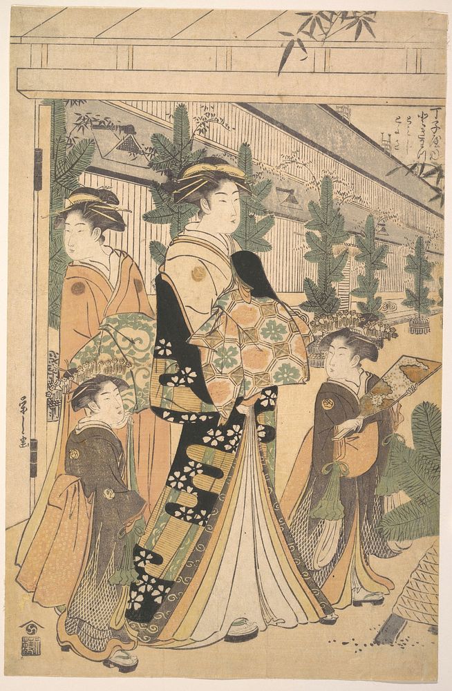 Two Oiran with Two Female Attendants in the Yoshiwara by Chōbunsai Eishi