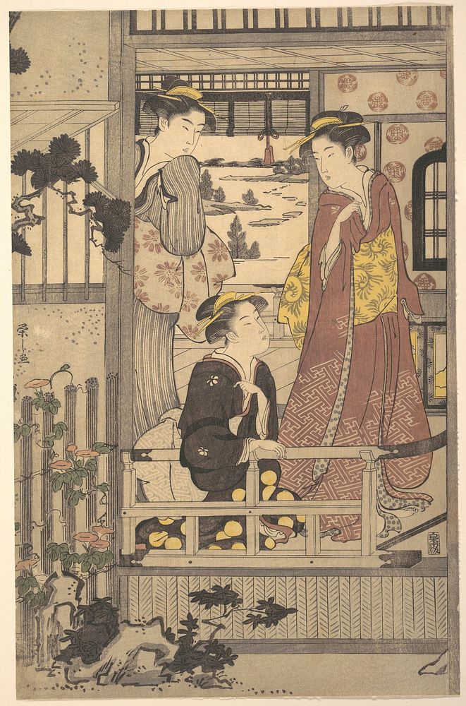 Three Women on a Veranda by Chōbunsai Eishi