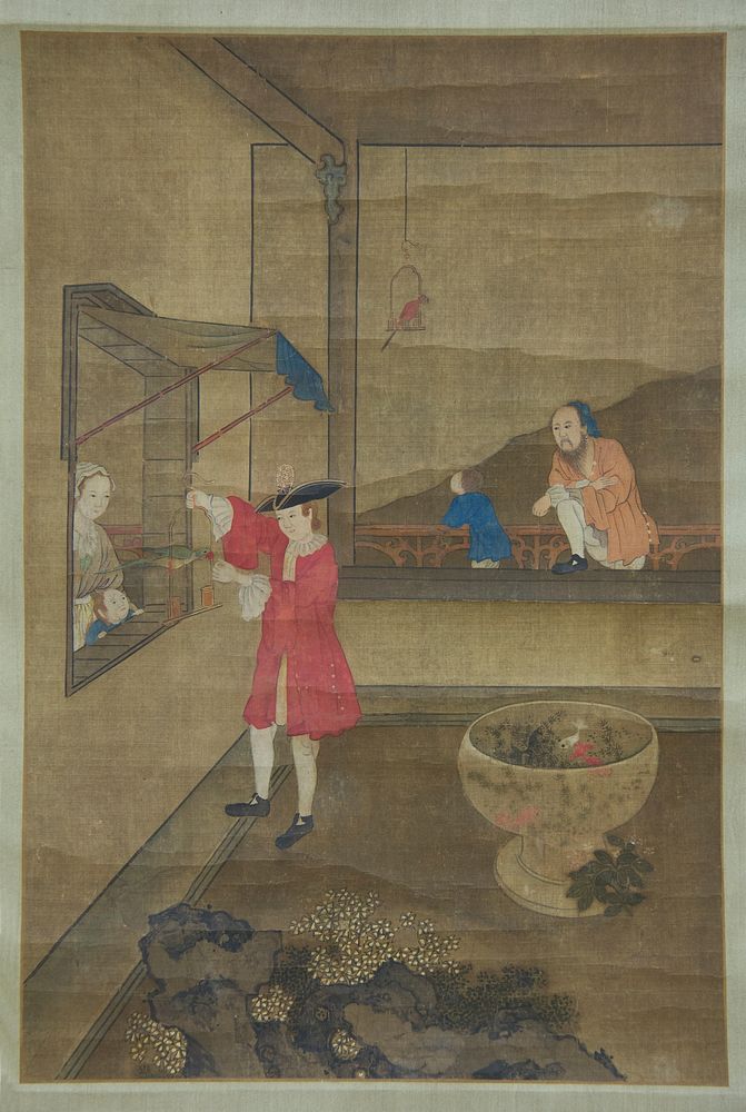 European Couple and Child Playing with Parrot by Unidentified artist