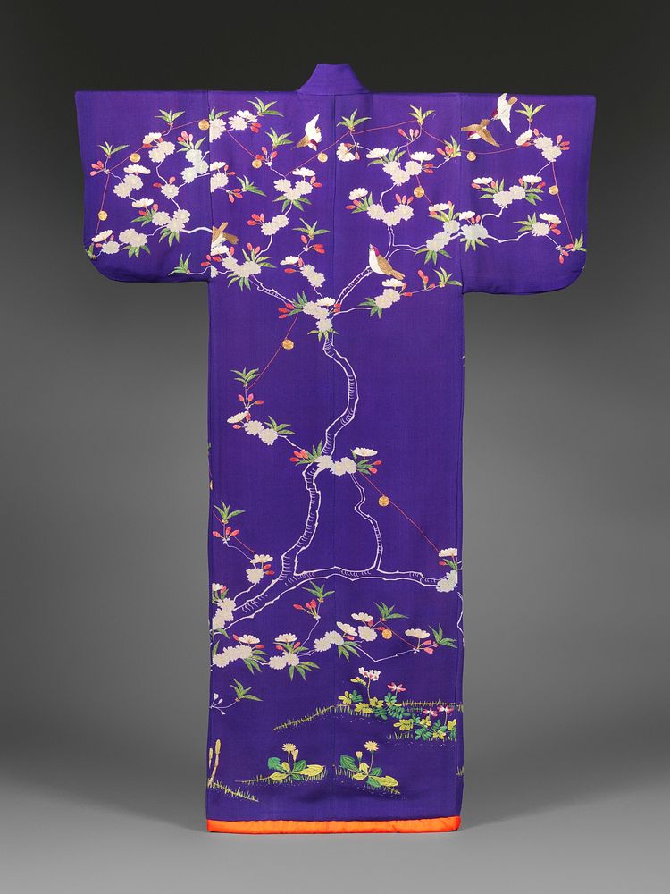 Court Lady’s Garment (Kosode) with Swallows and Bells on Blossoming Cherry Tree