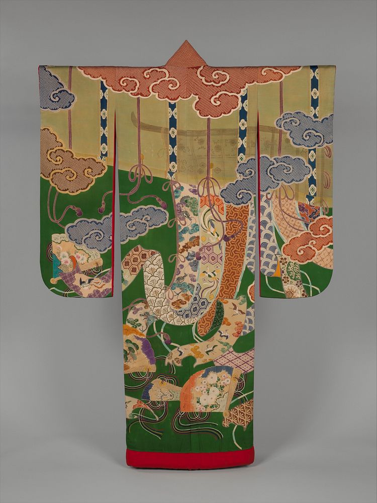 Over Robe (Uchikake) with Design of Bamboo Blinds, Curtain Screens, Decorative Fans, and Auspicous Motifs