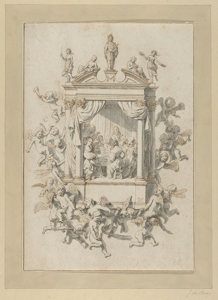A Group of Men and Women Playing Chamber Music Within a Portico, Surmounted by Statues of Apollo and Female Figures, and…